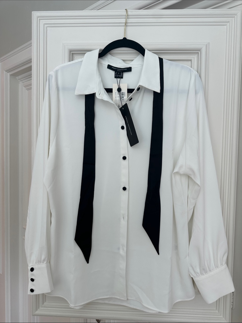 French Connection White Blouse with Black Tie Detail